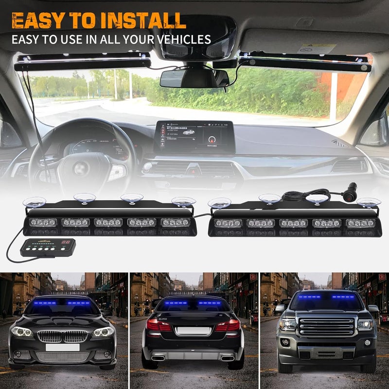 XRIDONSEN 2x 17 inch Blue Emergency Lights Bar 40 LED Dash Strobe Lights Interior Front/Rear Windshield Lights Safety Flashing Warning Hazard Light for Ambulance Firefighter Police Vehicles Trucks Car - Image 5